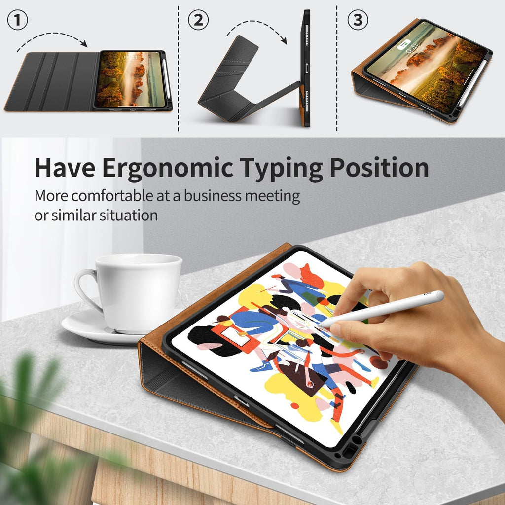 Case for iPad Pro 11 inch M5 2025/M4 2024 with Pencil Holder Supports Pencil Pro and Pencil Auto Sleep/Wake Function Vegan Leather Smart Stand Cover (Brown)