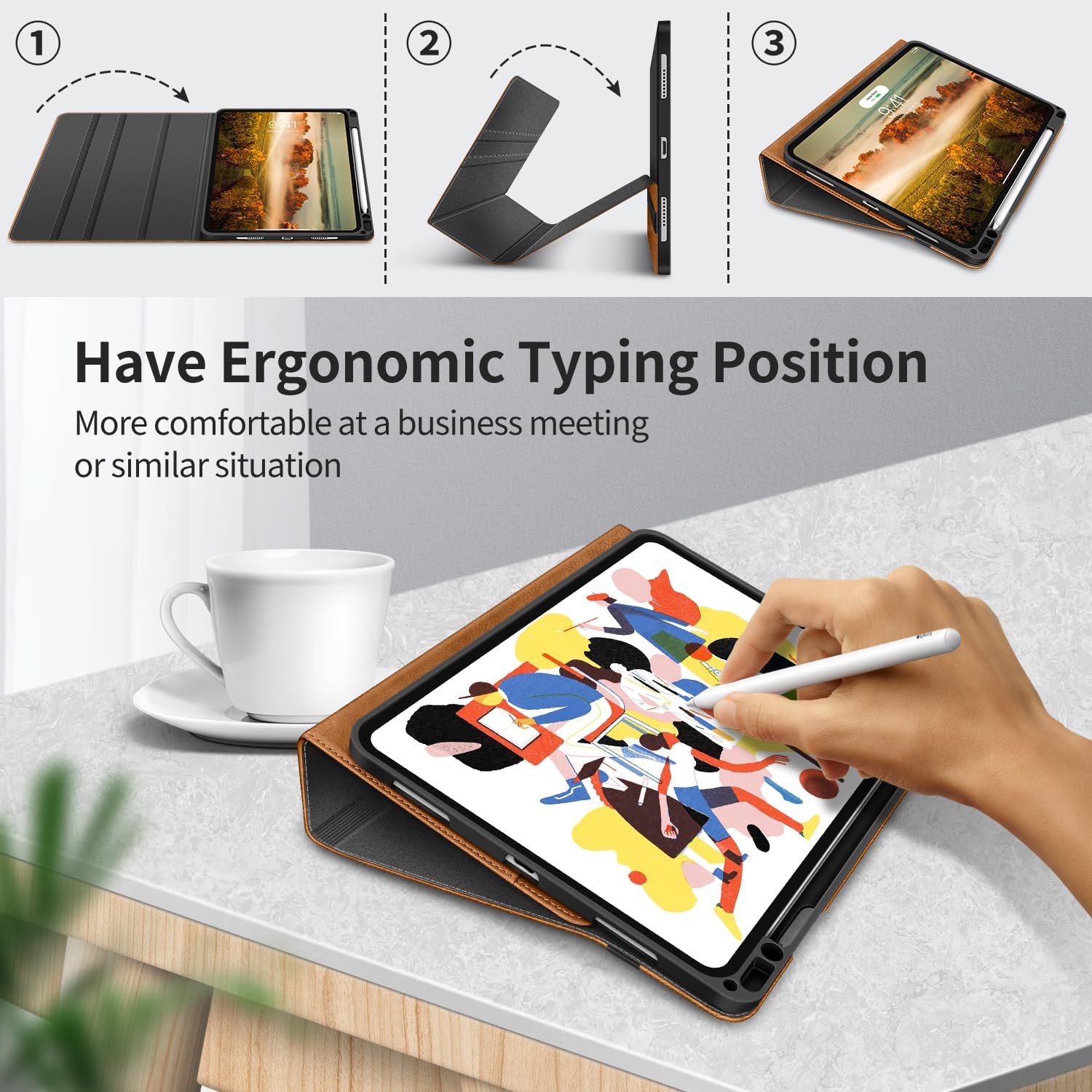 Case for iPad Pro 11 inch M5 2025/M4 2024 with Pencil Holder Supports Pencil Pro and Pencil Auto Sleep/Wake Function Vegan Leather Smart Stand Cover (Brown)