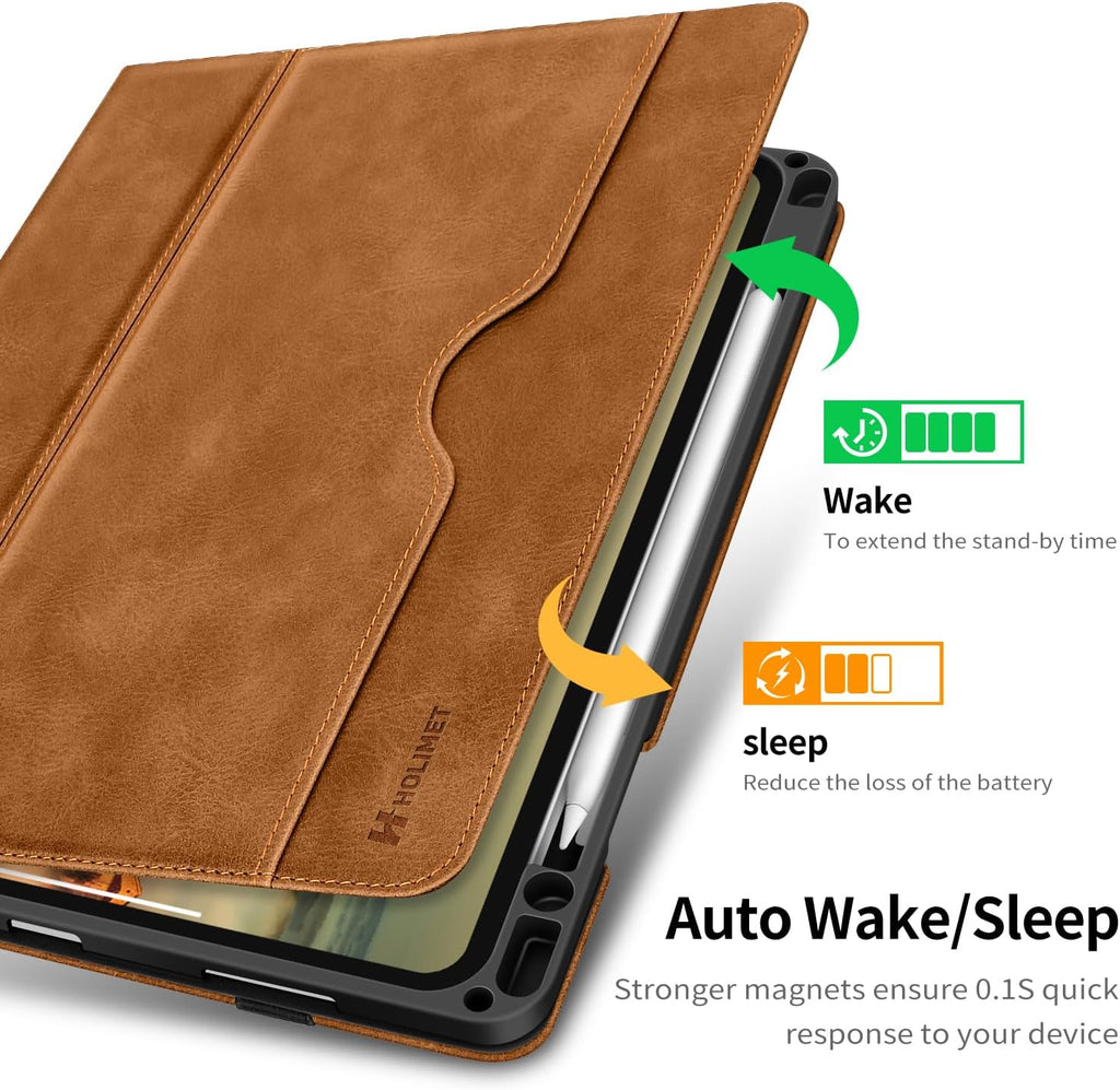 Case for iPad Pro 11 inch M5 2025/M4 2024 with Pencil Holder Supports Pencil Pro and Pencil Auto Sleep/Wake Function Vegan Leather Smart Stand Cover (Brown)