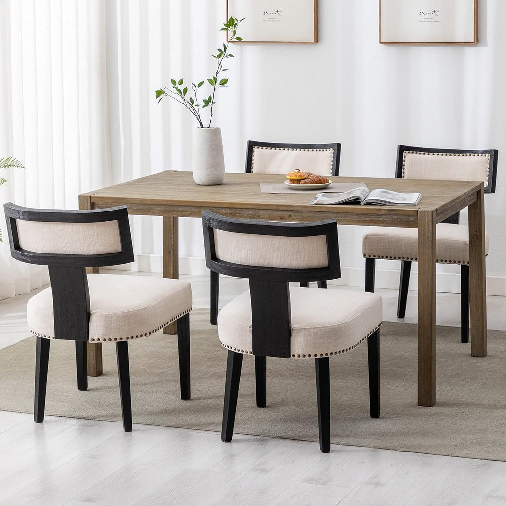 Mid Century Modern Dining Chairs Set of 6 Linen Fabric Upholstered Kitchen Side Chairs with Nailhead Trim, Modern Kitchen Armless Solid Wood Dining Chairs, Beige