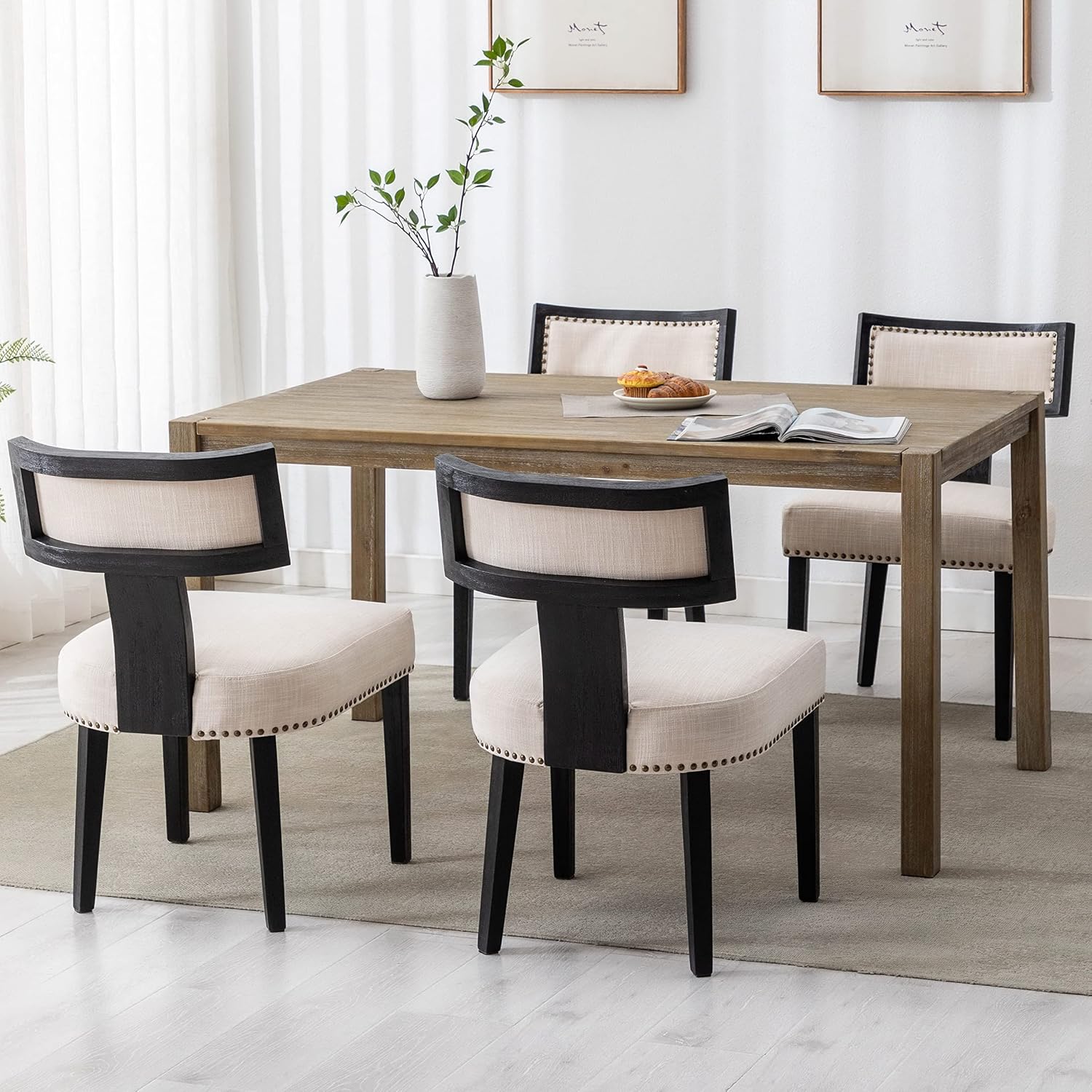 Mid Century Modern Dining Chairs Set of 6 Linen Fabric Upholstered Kitchen Side Chairs with Nailhead Trim, Modern Kitchen Armless Solid Wood Dining Chairs, Beige